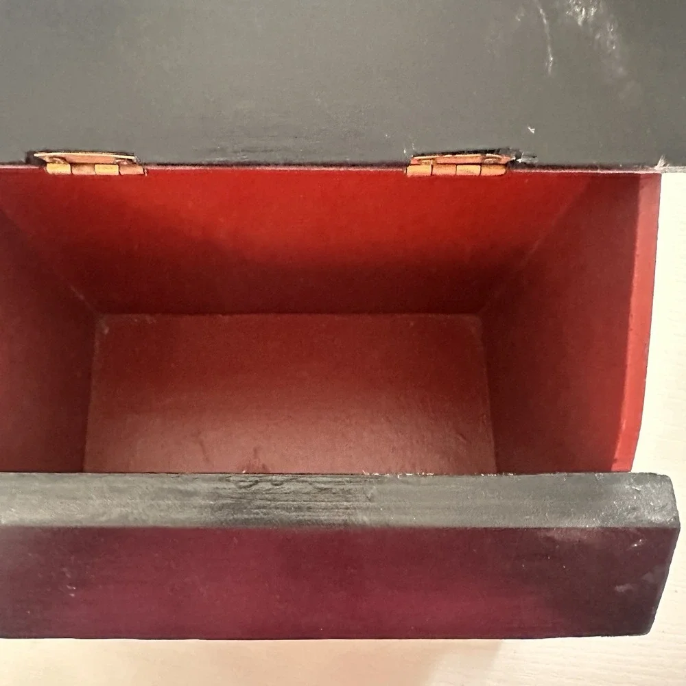 Vintage Red Painted Wood Rustic Recipe Box Hinged Lid HandPainted Rooster Design